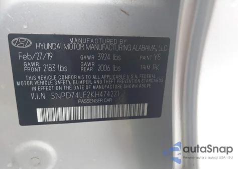 2019 Hyundai Elantra Se z USA, uszkodzony, nr VIN 5NPD74LF2KH474221